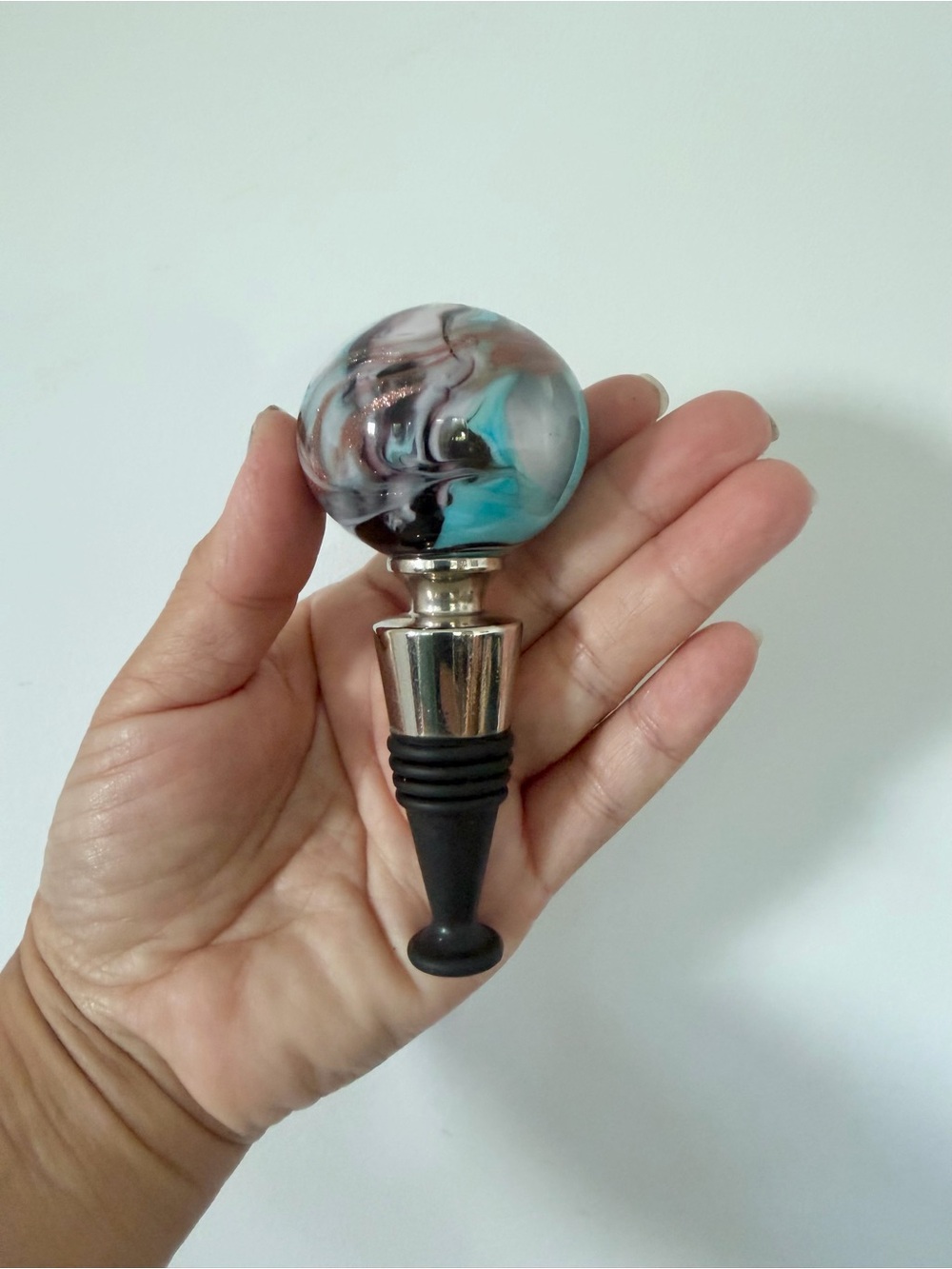 Murano Glass Italy Handblown Glass Bottle Stopper in Turquoise, Black & White